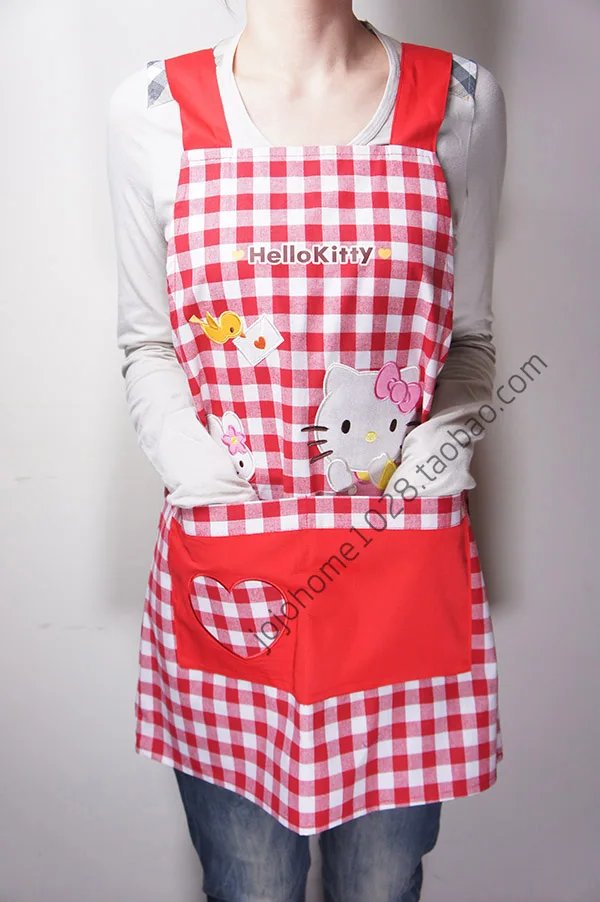 

Red Grid Hello Kitty Embroidered Kitchen Apron Woman Cotton Cooking Avental de Cozinha Divertido Pinafore Apron Dress Vintage