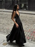 Summer Sexy Black V-neck Sleeveless Backless Maxi Dress Elegant Satin Patchwork Ruched Robes 2025 Lady High Street Dresses 1