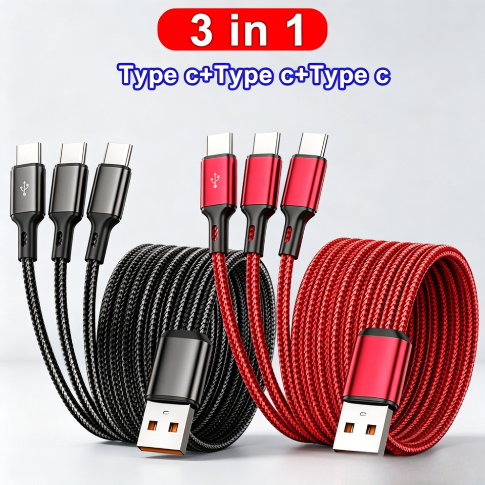 100W USB C Cord 6A Multi Type C Ports Data Cable 3 in 1 Mobile Phone Quick Charing Data Line For iPhone Huawei Xiaomi0.2m/1.2m