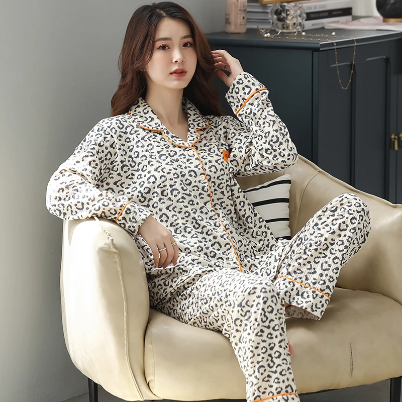 

Женский пижамный комплект, домашняя одежда из чесаного хлопка с леопардовым принтом, одежда для сна размера плюс 3XL, одежда для сна, верхняя одежда для дома, новая женская пижама