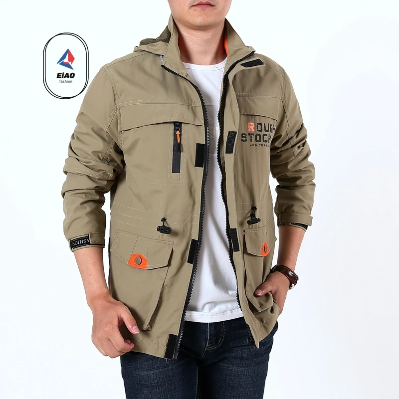 Spring Autumn Men's Jacket Trendy Sports Washable Wrinkle Resistant Windbreaker Outdoor Camping Detachable Hat Breathable Coat