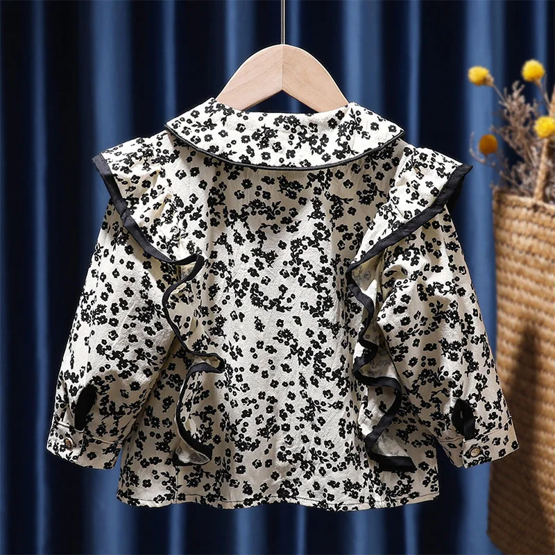Kids Shirts Fashion Floral Printing Peter Pan Collar Splicing Agaric Edge Contrast Color Button Blouse