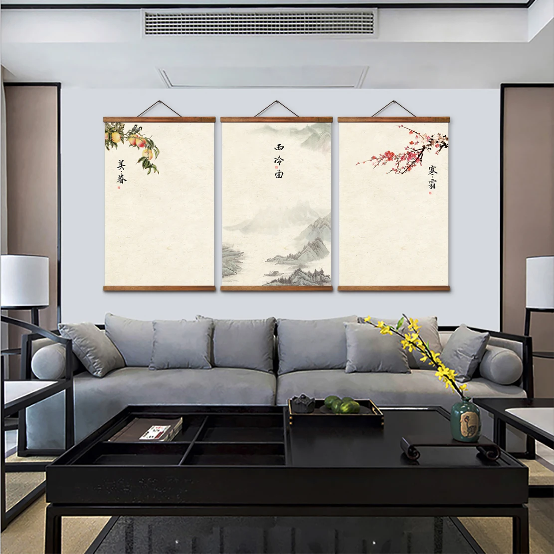 

AS3015 Chinese Style Green Plants Room Wall Art Canvas Posters Chinese Solid Wood Scroll Paintings
