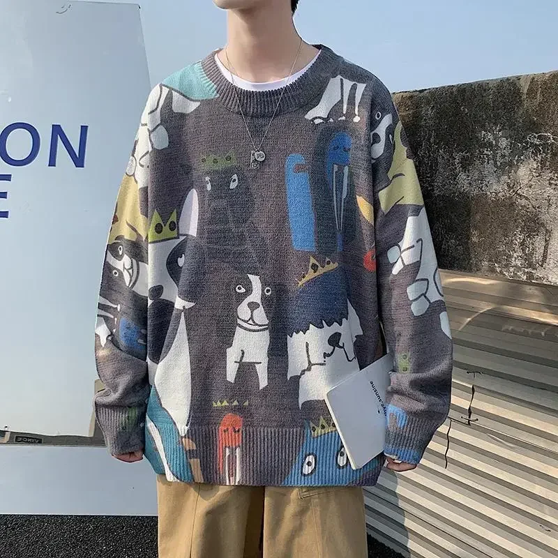 Men's sweater knitted long-sleeved round neck trend loose pullover autumn retro versatile color collision personality sweater