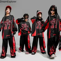 Boys Hip Hop Contrast Sweatshirt Fire Joggers Pants Girls K-pop Street Dance Costumes Kids Jazz Clothes Sets Children Streetwear 1