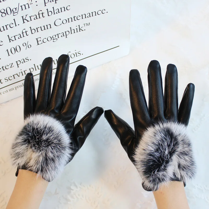 ���� �ܿ� PU ���� �尩 ���� ������ ��ġ ��ũ�� ���� �Ȱ� guants mujerRabbit Hair Cold-proof �Ϳ��� �尩