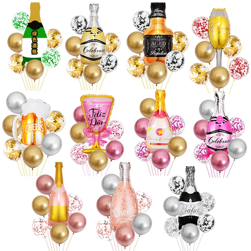 

New Champagne Bottle Balloon Set Birthday Party Decoration Layout Beer Glass 7-piece Aluminum Balloon