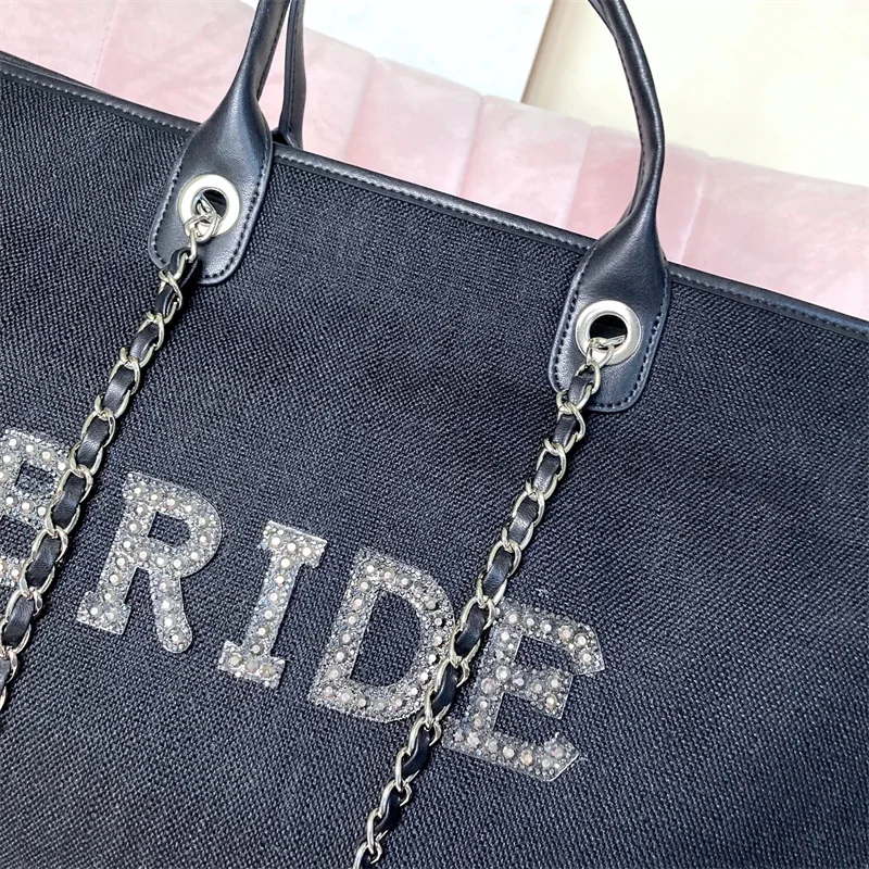 Black Bride Canvas Tote Bag Wedding Honeymoon Overnight Bachelorette Oversized Beach Holdall Bridal Shoulder Tote Bag