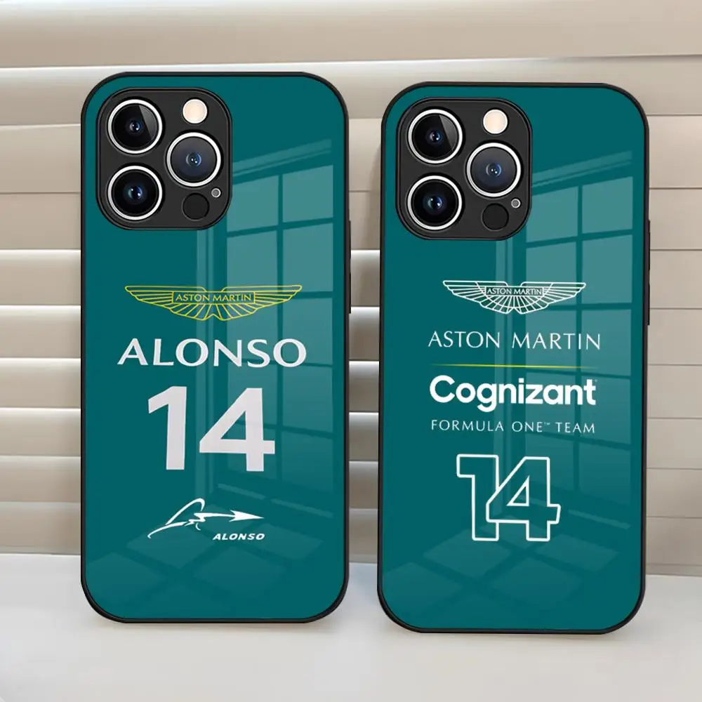 Alonso 14 Aston Martin F1 Phone Case Tempered Glass Back Cover For Iphone 15 Pro Max 14 Pro 12 11 13 Mini X Xr Xs 8 7 Plus Se