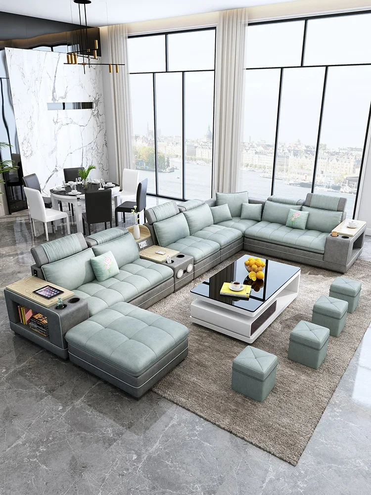 MANBAS Modern Fabric Sofa Set with Bluetooth Speaker Sound System Living Room Sofas Big U Shape Corner Cloth Couch with Stools