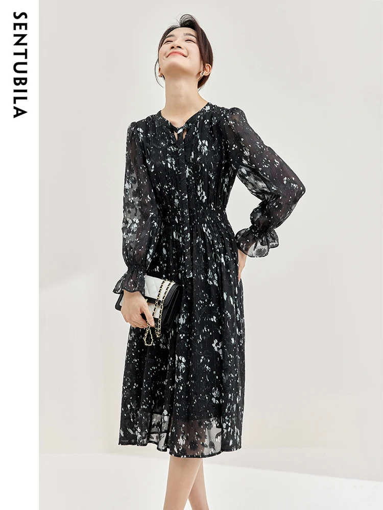 

Sentubila 2023 Elegant Floral Print Midi Skirts Women Long Sleeve Elastic Waist Folds Dress Loose Office Lady Clothing 133L50965