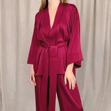 

Solid Women Robes With Sashes 2 Pieces Set Wrist Sleep Tops Satin Pants Loose Pajamas Silk Casual Sleepwear Female Home Suits