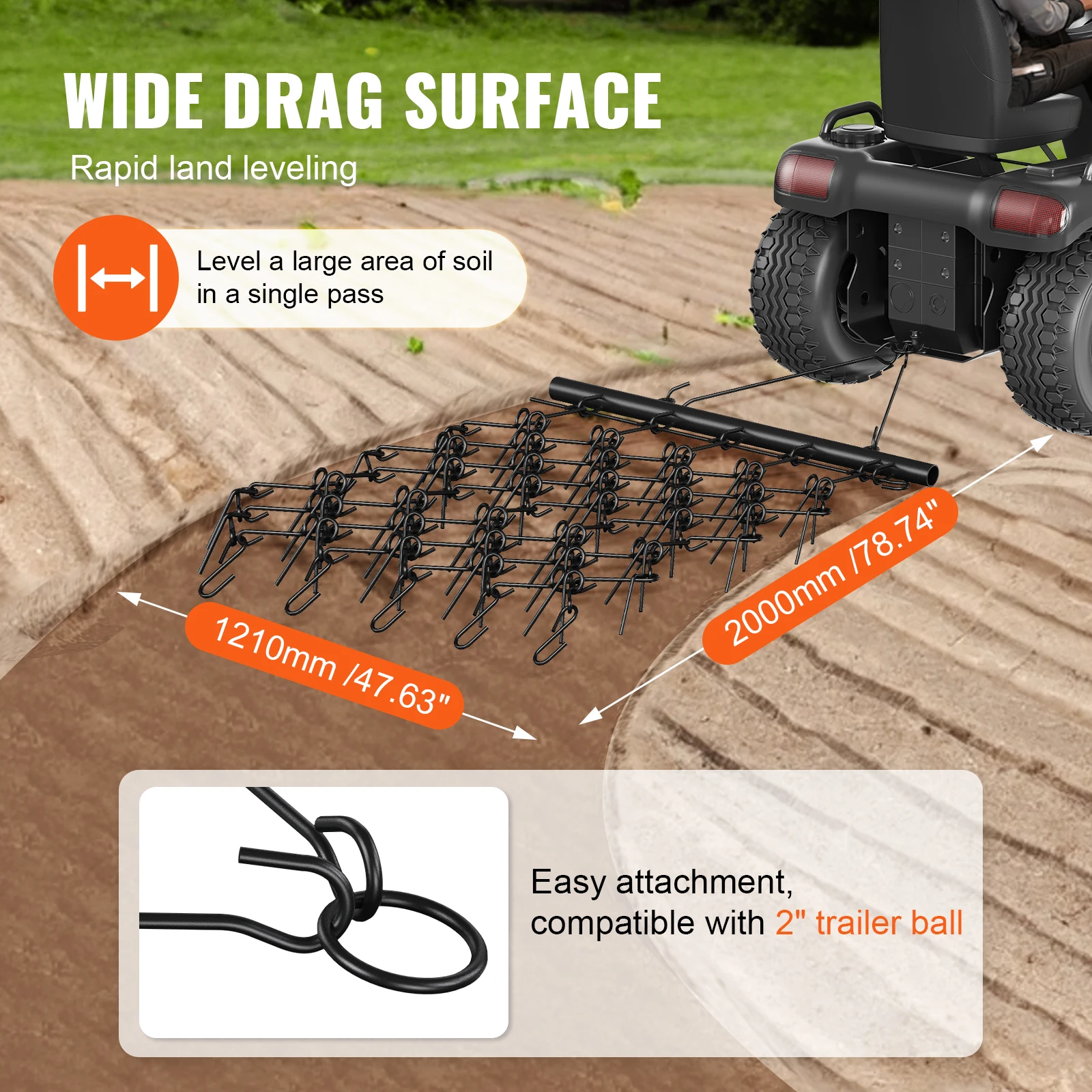 VEVOR Drag Harrow 4'x4' Heavy-Duty Chain Harrow with 69 Teeth ATV UTV Tractor Attachments Field Drag Mat for  Sod Prepping 4