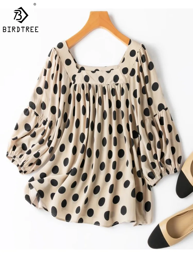 

Birdtree 100%Real Silk Loose Women Sweet Blouses Square Collar Puff Sleeve Polka Dots Chic Shirt Autumn Winter New Tops T3N688QM