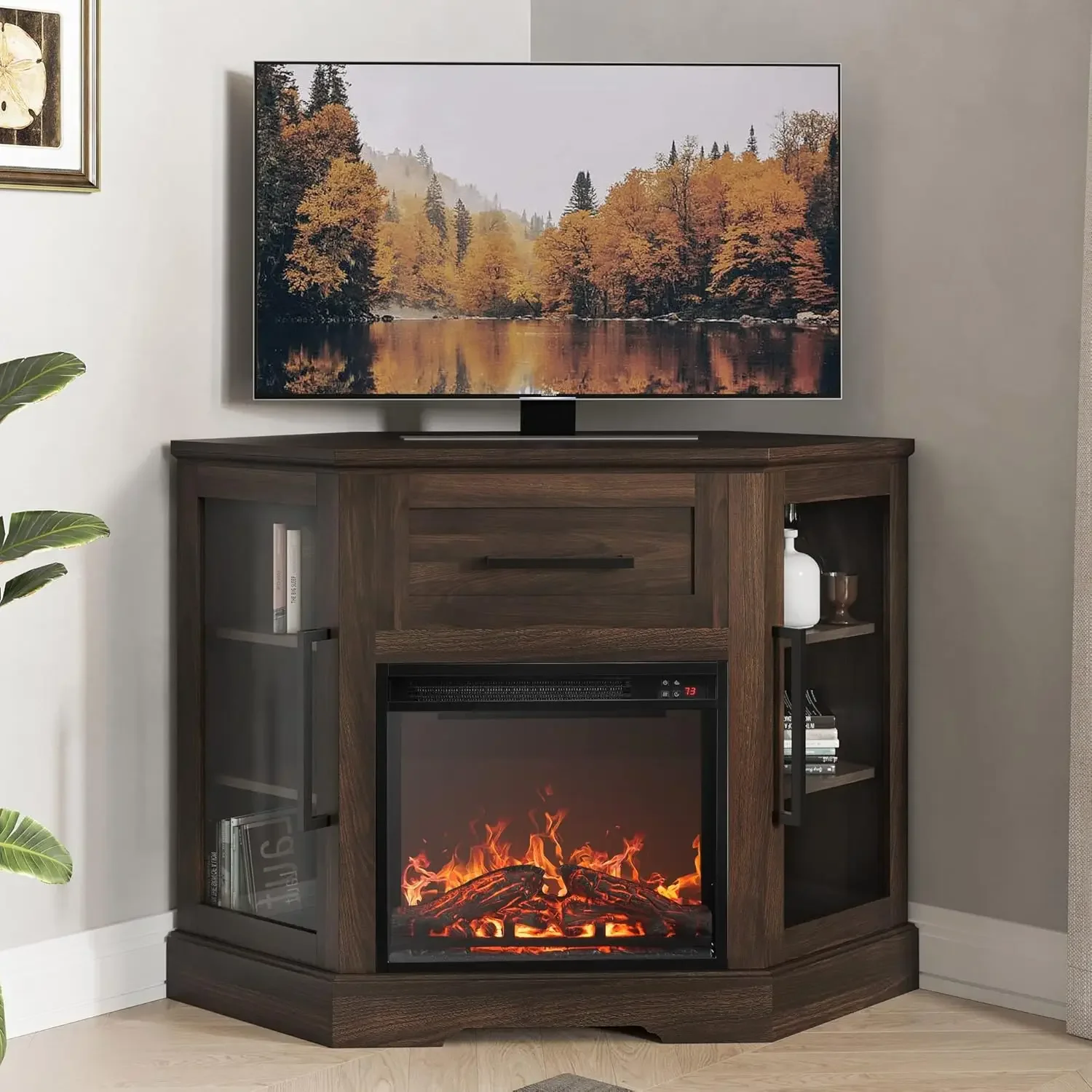 43" Corner TV Stand with 18" Electric Fireplace Heater, Modern Corner Wood Entertainment Center- Dale (Dark Walnut) 2