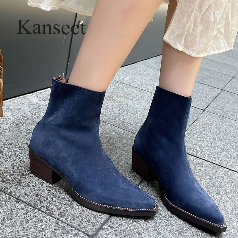 

Kanseet Women Ankle Boots 2023 Autumn Winter Genuine Leather Shoes Concise Pointed Toe Mid Heels Lady Zipper Short Boots Blue 40
