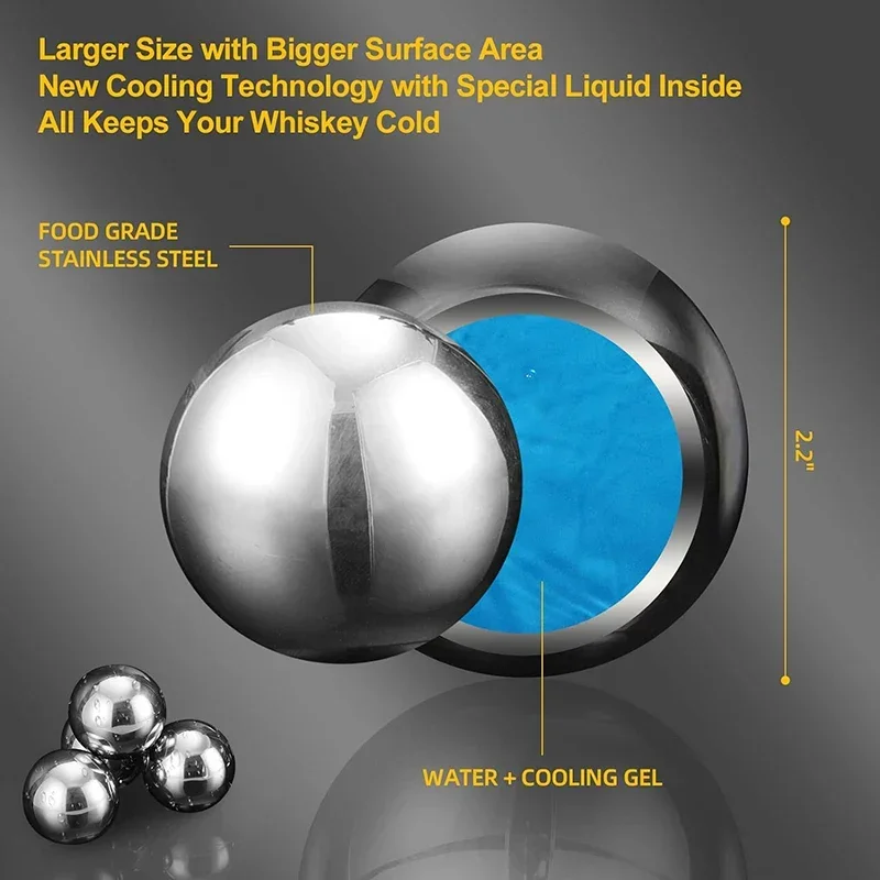 Large Whiskey Stones Round Stainless Steel Ice Ball Reusable Drink Cooler for Beer Wine Coffee Food Grade Bar Accessories 2pcs