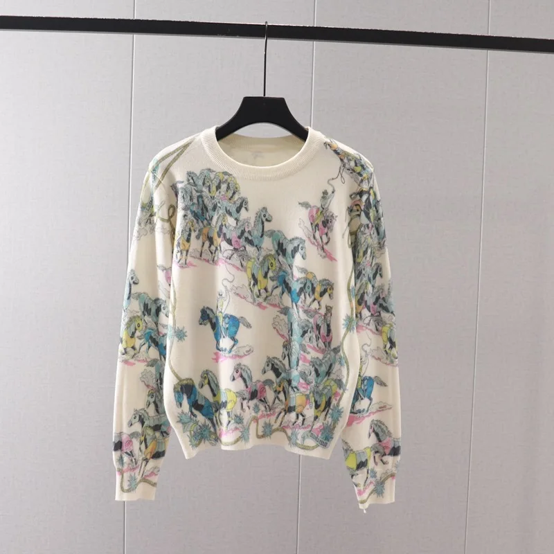 

Animal Printed Pullover For Women, Long Sleeve Knit White Shirt , Outer Wear Sweater,Loose Jumper, кофта женская 주름가디건