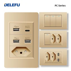 DELEFU PC Panel Fireproof Double USB Type C Charge Brazil Standard Outlet Gold Wall Power Light Switch Electrical Plug 10A 20A