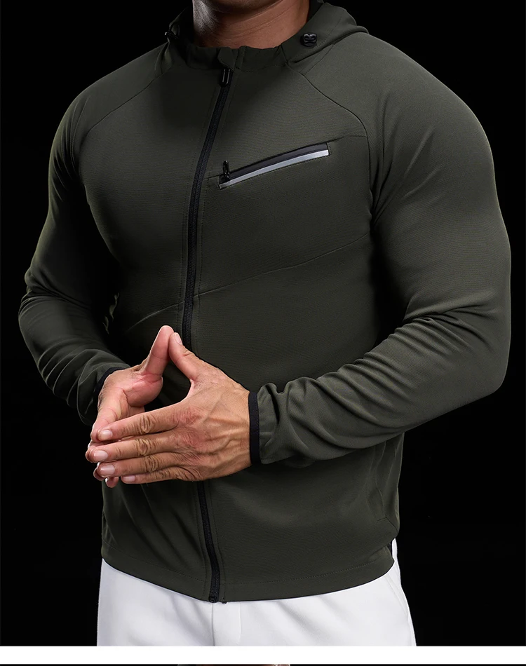 Men Zip Standing Collar Hoodies Top Stretch Slim Long Sleeve Running Fitness Jacket Gym Jogging Tee Bodybuilding Training Shirts