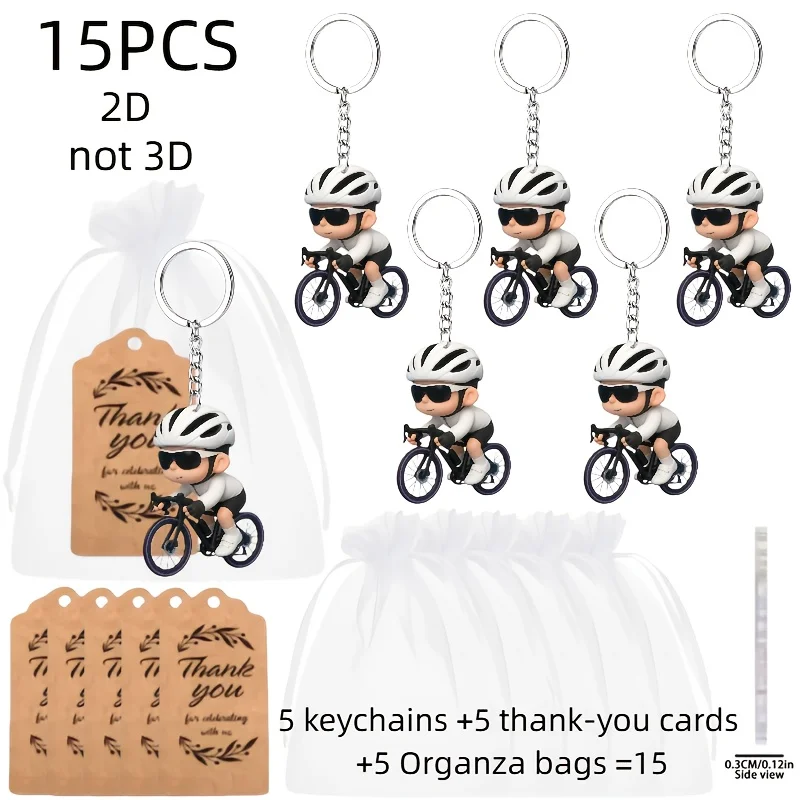 5er-Set Herren-Fahrrad-Schlüsselanhänger mit 2D-Acryl-Anhänger, Dankeskarten und Garnbeuteln, Eventgeschenke für Jungen, Verpackungsdekoration