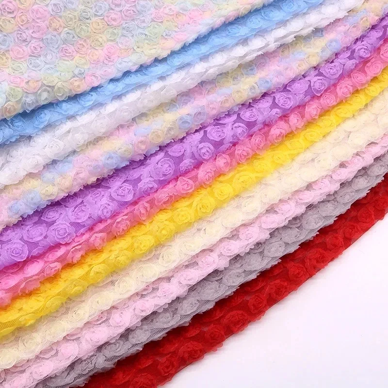 3D Rose Flowers Tulle Fabric Colorful Mesh Exquisite Stretch Three-Dimensional Roses Embroidery DIY Wedding Party Dress Fabric