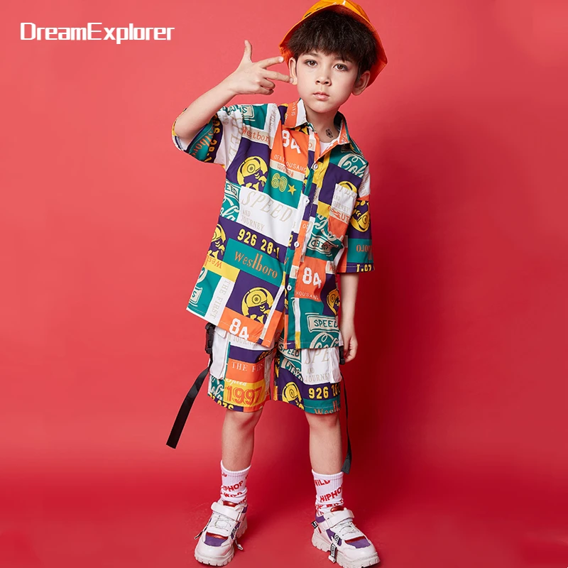 

Boys Hip Hop Graffiti Shirt Joggers Girls Summer Street Dance Contrast Shorts Clothes Sets Kids Streetwear Child Stage Costumes