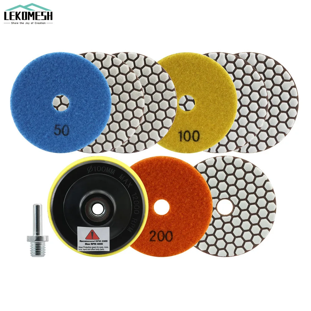 LEKOMESH 8pcs 100mm/4''  Diamond Dry Polishing Pads + M14 Rubber Backer +M14 Adapter Granite Marble Stone Sanding Disc