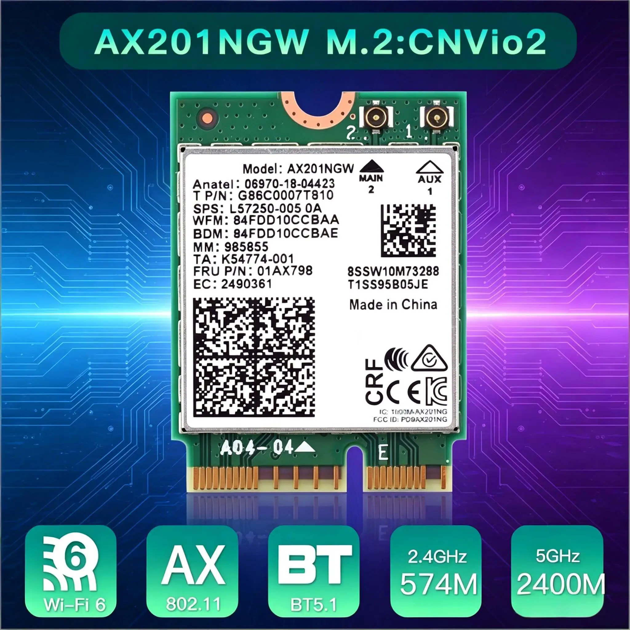 Wi-Fi 6 인텔 AX201 M.2 키 E CNVio 2 Wifi 카드 듀얼 밴드 3000Mbps 무선 블루투스 5.0 2.4Ghz/5Ghz 802.11ac/ax AX201NGW