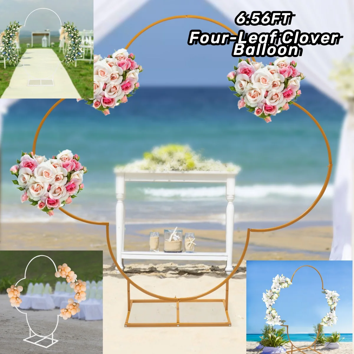 

6.56FT Gold Arch Backdrop Stand Metal Wedding Four-Leaf Clover Balloon Frame for Ceremony Birthday Party Anniversary Decoration