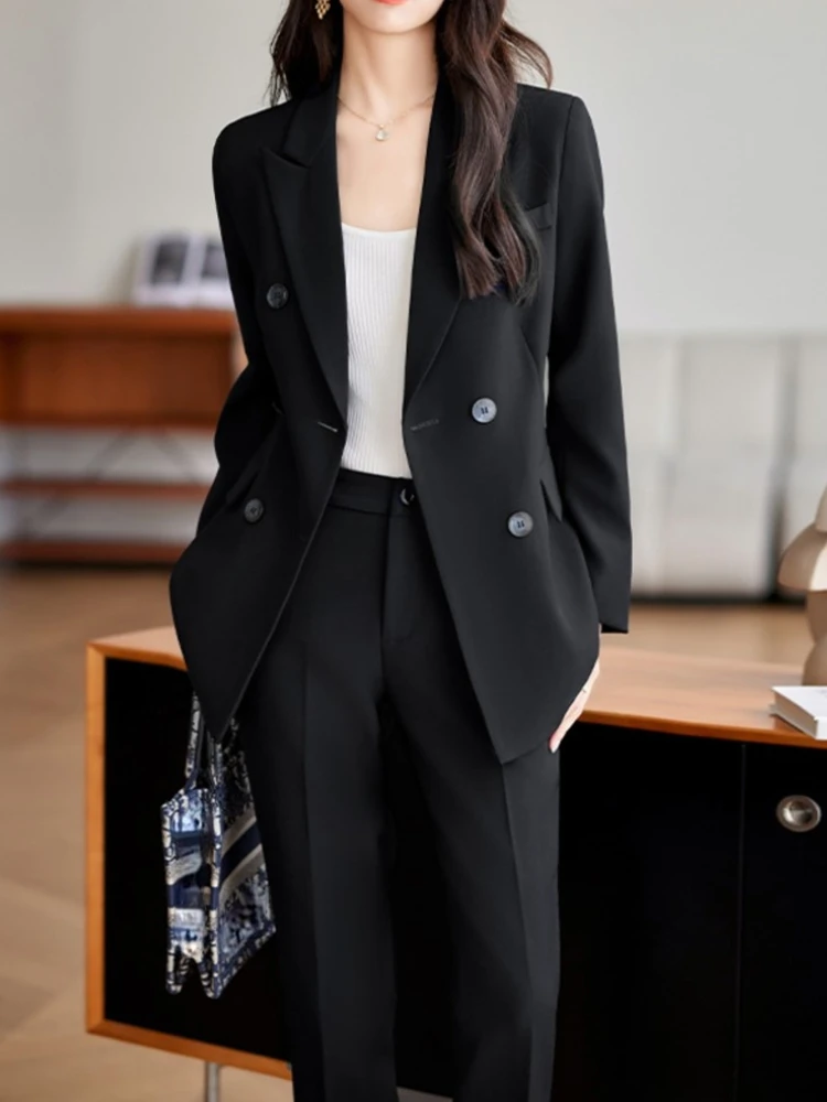 Women Fashion Korean Casual Solid Pantsuit Office Slim Vintage Elegant Business Two Pieces Set Female Chic Outfits Clothes