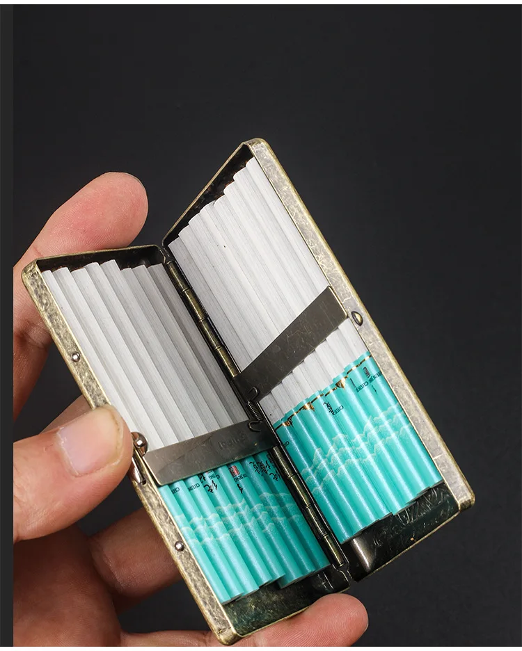 Cigarette Case Mini Tobacco Box Metal Retro 85mm 3.74 Inch King Size 12  Capacity Sturdy Double Sided Spring Clip Open Pocket Holder Vintage Golden