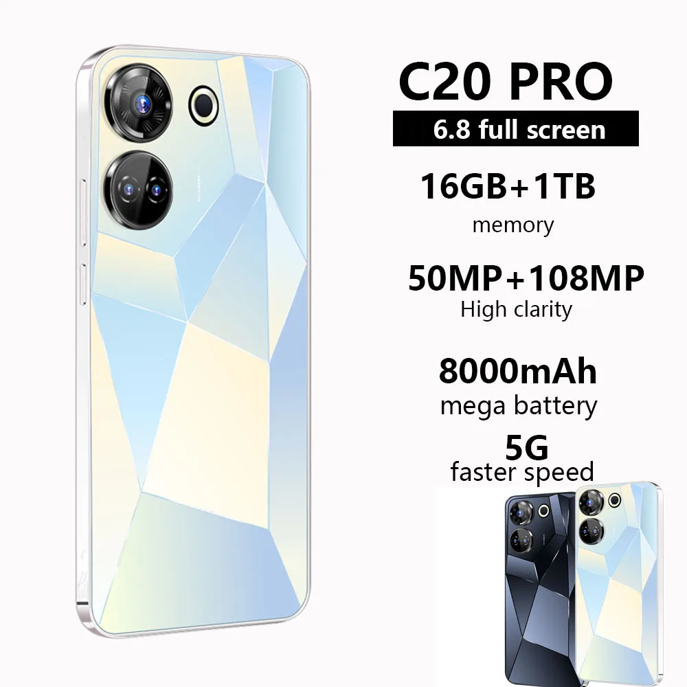Smartphone Android C20 Pro 5G Débloqué, Telephone D'Origine, Nouveau Resseau, 6.8 Pouces, 16 Go + 1 To, 8000Mah, 50Mp + 108Mp