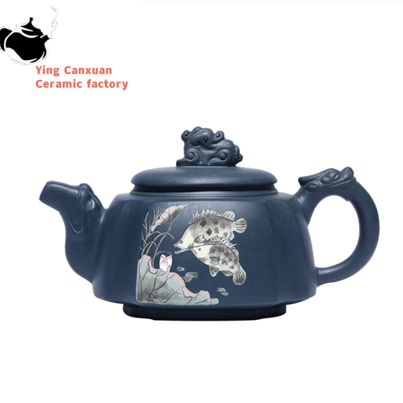 

270ml Yixing Master Purple Clay Teapots Handmade Fish Pattern Tea Pot Raw Ore Azure Mud Kettle Chinese Zisha Tea Set Customized