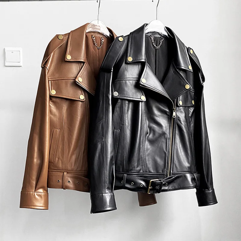 

Женская кожаная куртка с поясом, куртка из натуральной овечьей кожи TF5301 на осень и весну, 2023