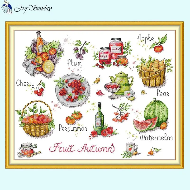 Autumn Fruits Still Life Pattern Cross Stitch Kits 14ct 16ct 11ct White Printed Canvas Embroidery DIY Dining Room Decor Crafts