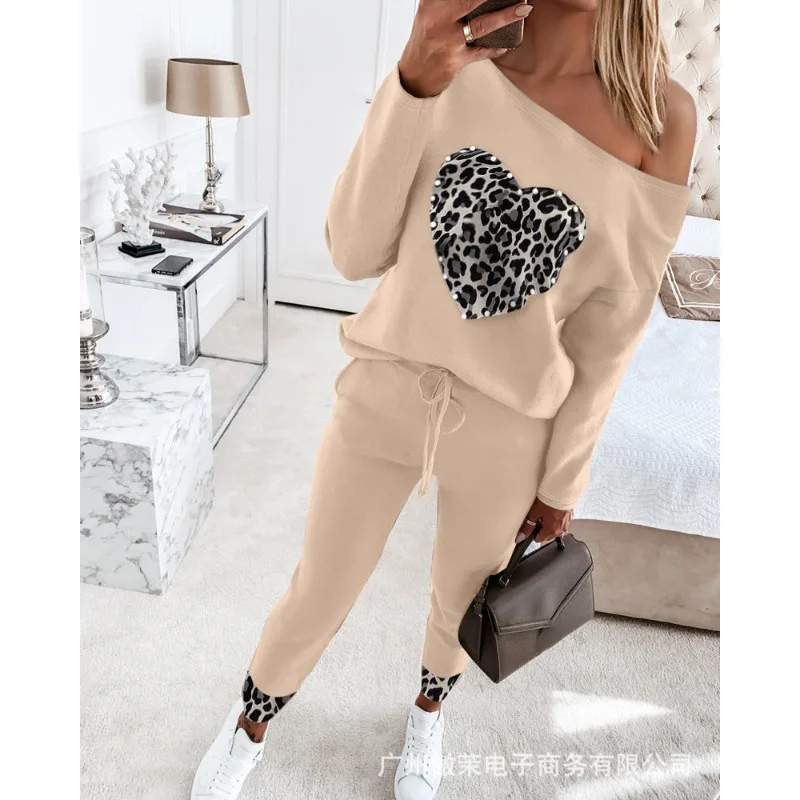 

Autumn Leopard Print Loose Suit Women's Long Sleeve Off Shoulder Slash Neck Top Drawstring Mid Waist Pocket Pencil Pants Suit