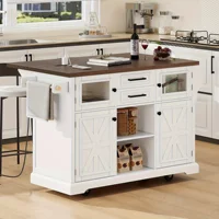 Rolling Kitchen Island On 4 Wheels With Drop Leaf, Power Outlet, Cross Barn Doors & Visual Glass Door For Kitchen, Dining Room