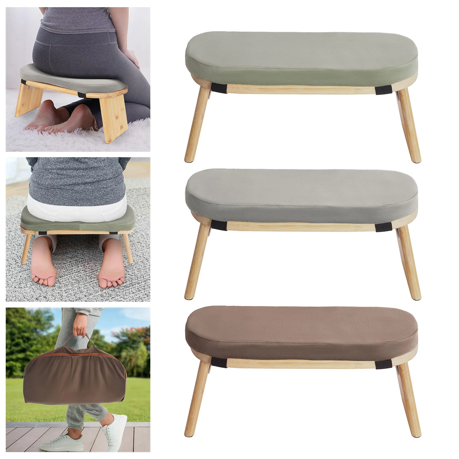 Bymaocar Meditation Bench, Foldable& Ergonomic Meditation Stool, Foldable Kneeling Meditation Bench  Coffee/Gray/Green Color