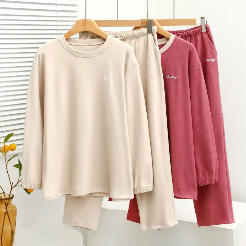 Winter Women Home Clothes Pajamas Toothpick Strips Velvet Round Neck Contrast Deep Pocket Long 2-piece Set Sleep Wear Sleepwear