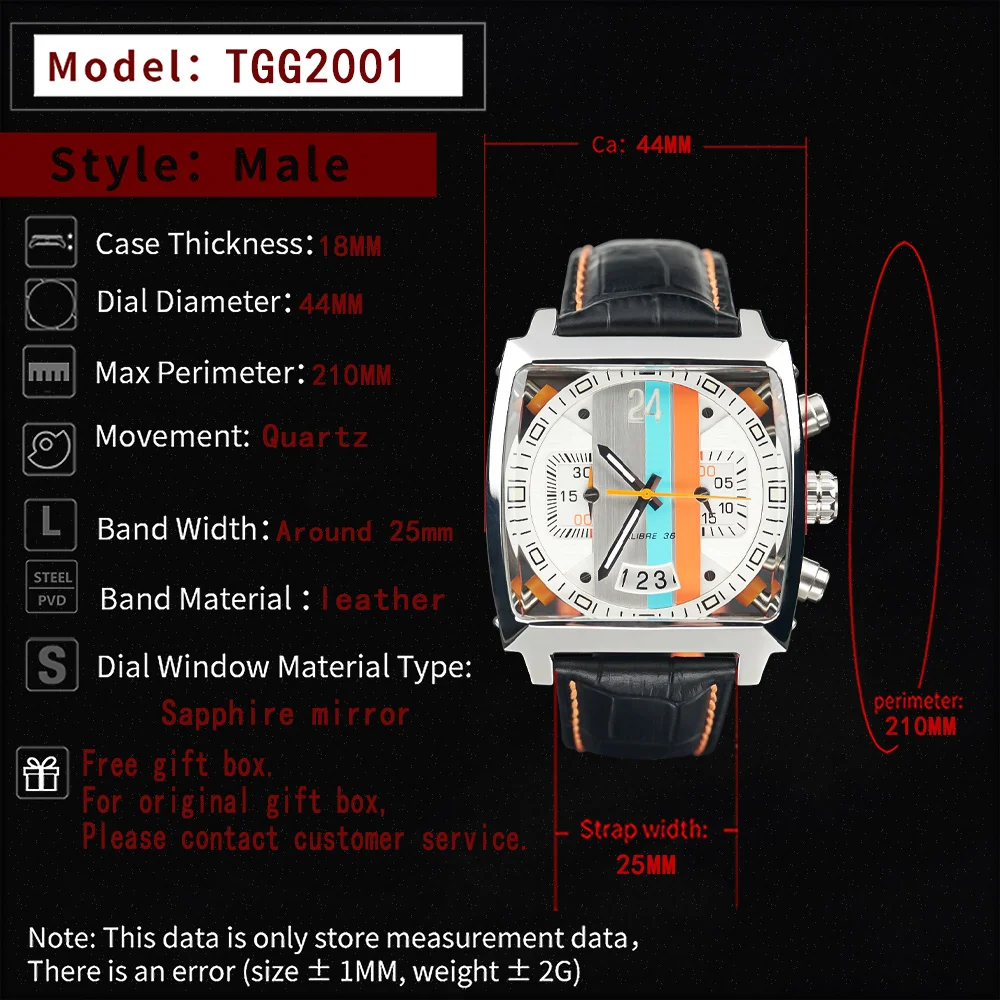 2022Fashion New Men's Color Bar Square Dial Sapphire Mirror Stainless Steel Leather Strap Sports Leisure Waterproof Quartz Watch