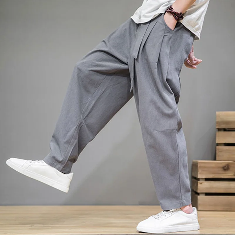 Linen Pants Men Cotton Pants Men Harem Pants Spring Cotton Linen Pants Men Elastic Waist Casual Harem Pant Loose Sweatpants Traditional Chinese Trousers