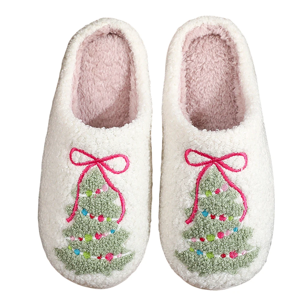 Flat Thermal Slippers Anti Slip Comfortable Furry Slippers Bow Xmas Tree Pattern Christmas Plush Slippers for Winter Autumn