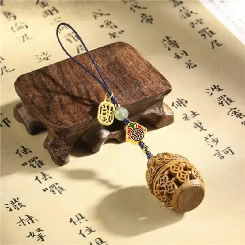 ANGLANG 녹색 백단향 나무 코르누코피아 구리 동전 향 주머니, 할로우 조각 휴대폰 키체인 펜던트