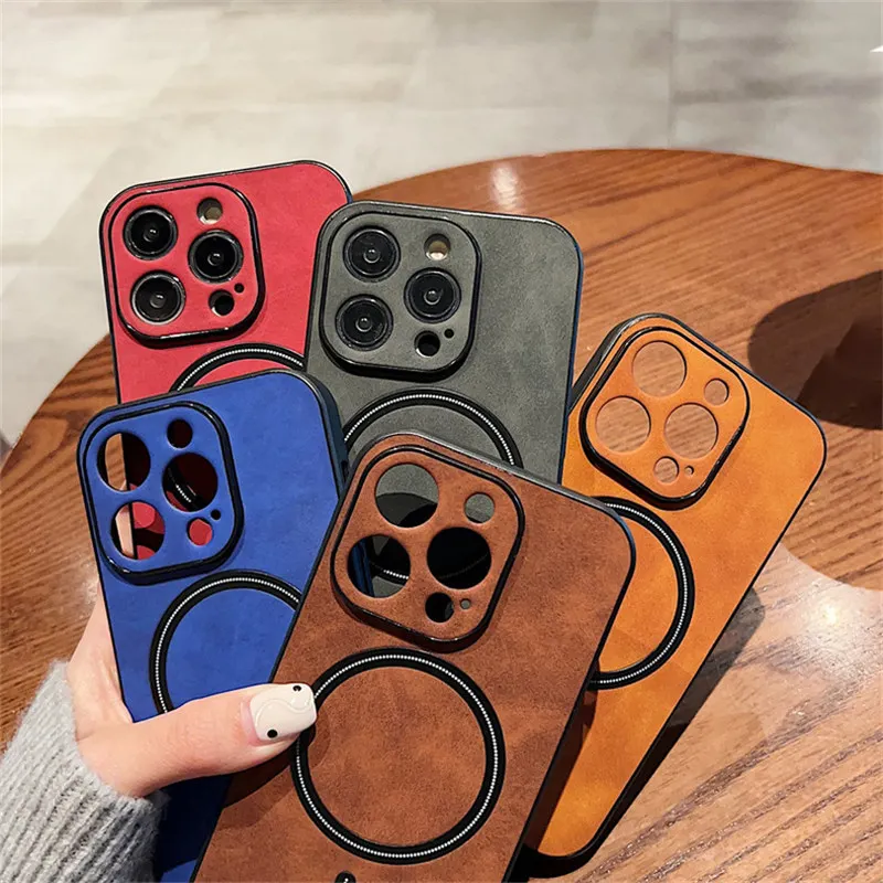 Wireless Charging Magnetic Cortex Leather Phone Case Shockproof Bumper Cover For iPhone 16 13 12 15 17ProMax 14Plus 14Pro