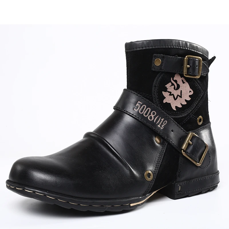 WInter Fashion Men's Shoes Boots Warm Leather Vintage Motorcycle Male Boots Riding Retro Metal Style Zippers Men's Shoes