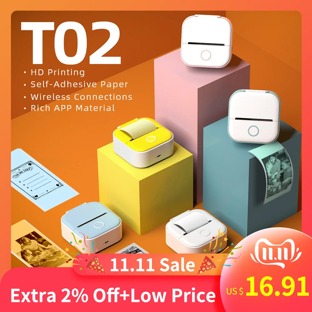 Phomemo T02 Mini Portable Printer Thermal Printing 53mm Sticker Wireless Inkless Mini Pocket Printer Self-adhesive Label Printer