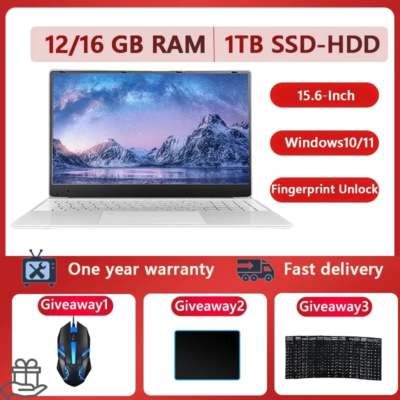 

15.6inch 12GB RAM DDR4 IPS FHD Gaming Business Cheap Laptop 128G SSD 1TB HDD Windows10/11 With Fingerprint Backlit BT4.0 5G-WiFi