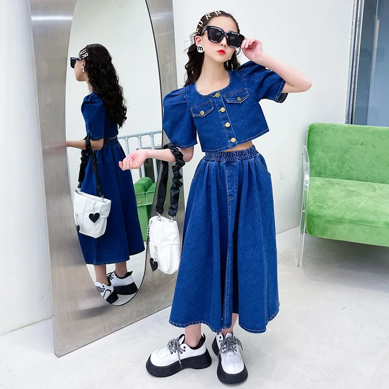 Summer Girls Clothing Set Denim Short Tops Skirt Outfits for Children Autumn Blue Fashion Two Pieces 2023 New Teen Kids Costumes