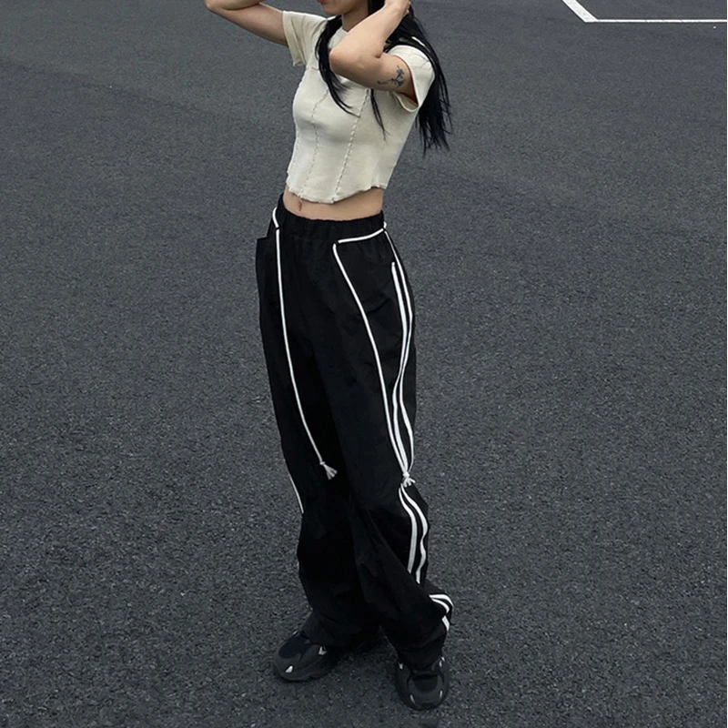

Vintage Black Drawstring Sweatpants Fashion High Waist Straight Wide Leg Pants Casual Street Baggy Mopping Trouser Ladies Summer